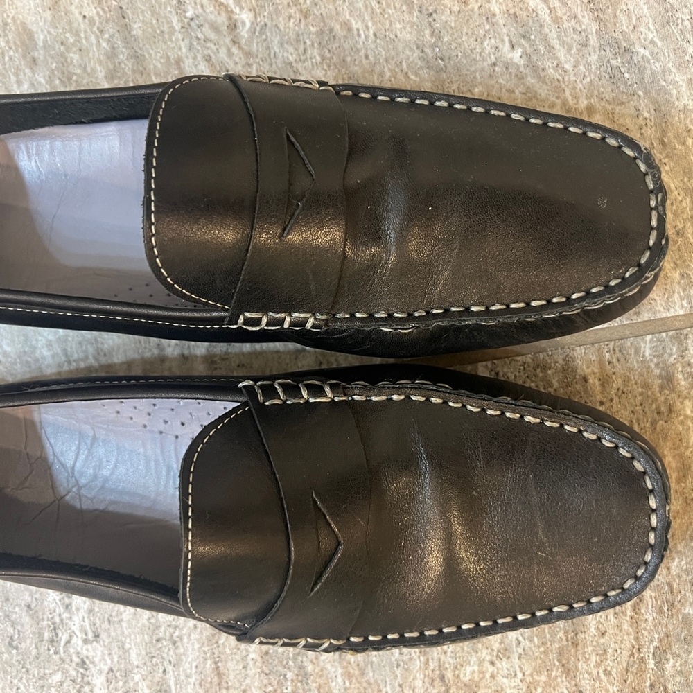 Cole Haan Black Leather Penny Loafers with White Stitching